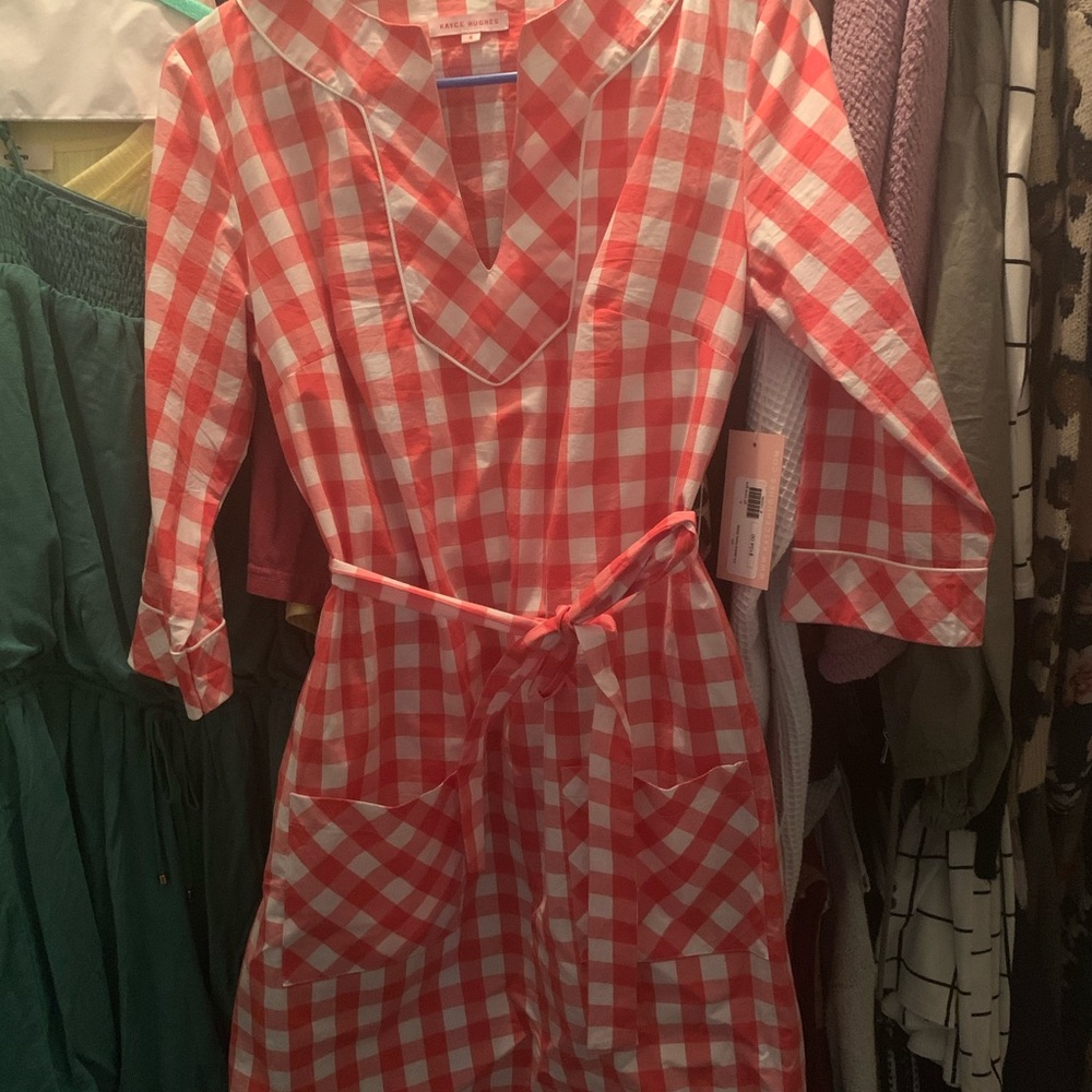 Super cute red, white plaid shirt dress